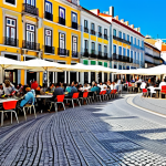 **

"A vibrant public square in Lisbon, Portugal, bustling with people. Include colorful buildings, calçada portuguesa pavement, outdoor cafes with people enjoying coffee and pastel de nata. Incorporate street performers and families enjoying the space. safe for work, appropriate content, fully clothed, professional, perfect anatomy, natural proportions, high quality"

**