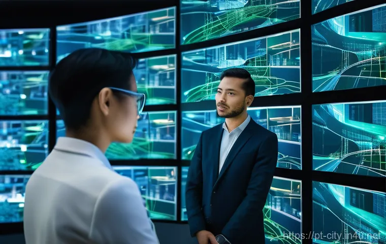 도시계획 실무에서의 시뮬레이션 활용 - **Urban Digital Twin Control Center:**
    "A vibrant, high-tech control room bathed in soft, futuri...