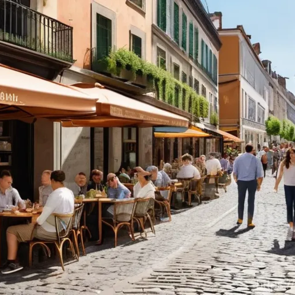 도시계획 설계 실무 사례 분석 - **Prompt:** A vibrant, human-centered urban street scene in a European city, reminiscent of Lisbon's...