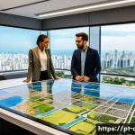 도시계획 분야의 일자리 전망 - A detailed urban planning office scene in Brazil, showing diverse professionals including architects...