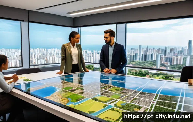 도시계획 분야의 일자리 전망 - A detailed urban planning office scene in Brazil, showing diverse professionals including architects...