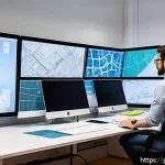 도시계획 분야 취업 준비 - A modern urban planner&rsquo;s workspace with multiple digital screens showing AutoCAD, GIS maps, and Sket...