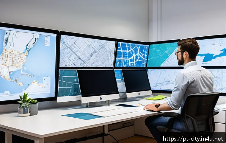 도시계획 분야 취업 준비 - A modern urban planner’s workspace with multiple digital screens showing AutoCAD, GIS maps, and Sket...